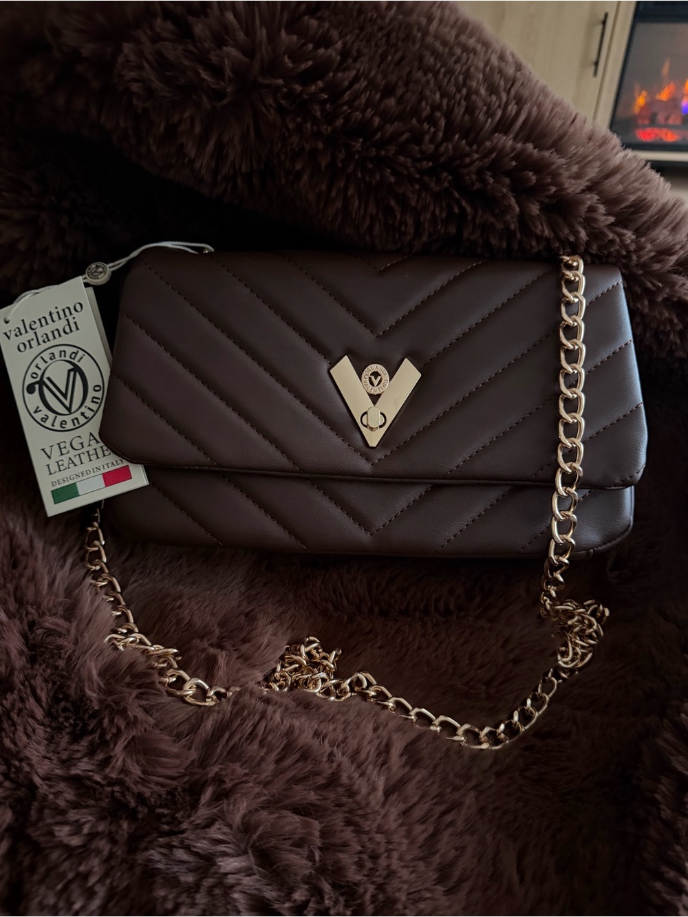 Valentino Orlandi Capricorn Quilted Crossbody with Gold Chain NWT Brown/Redtoned